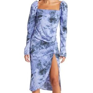 Open Edit Blue Marbled Long Sleeve Slit Midi Dress